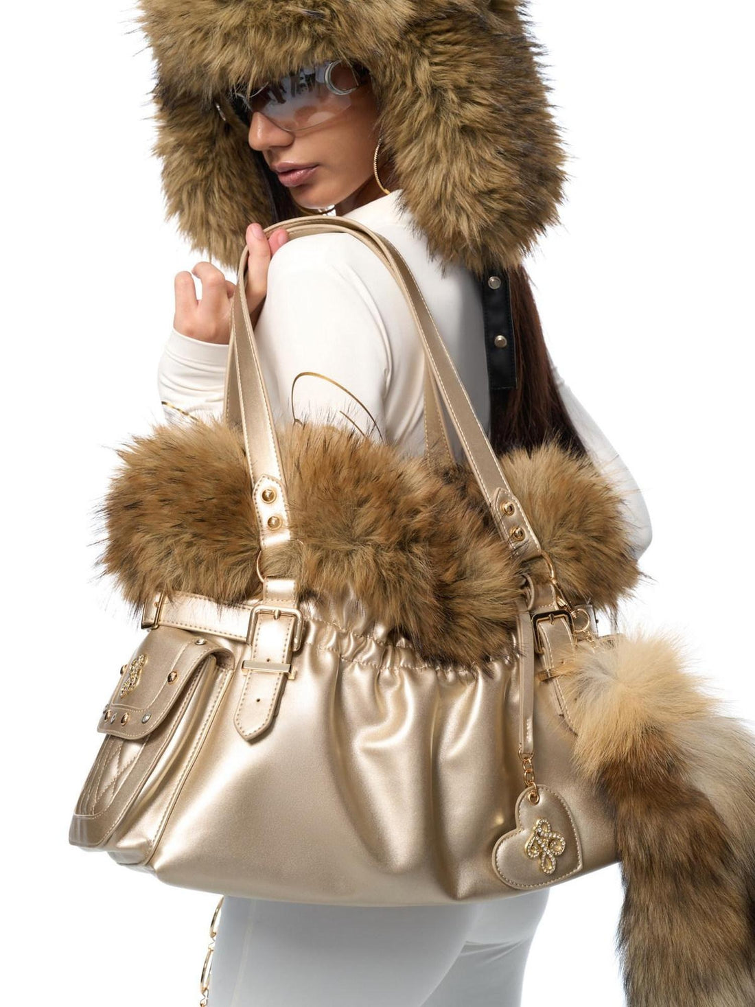 JYOSEI Spacious Magnetic Snap Boxy Handheld Shoulder Women Detachable Fur Charm Bag