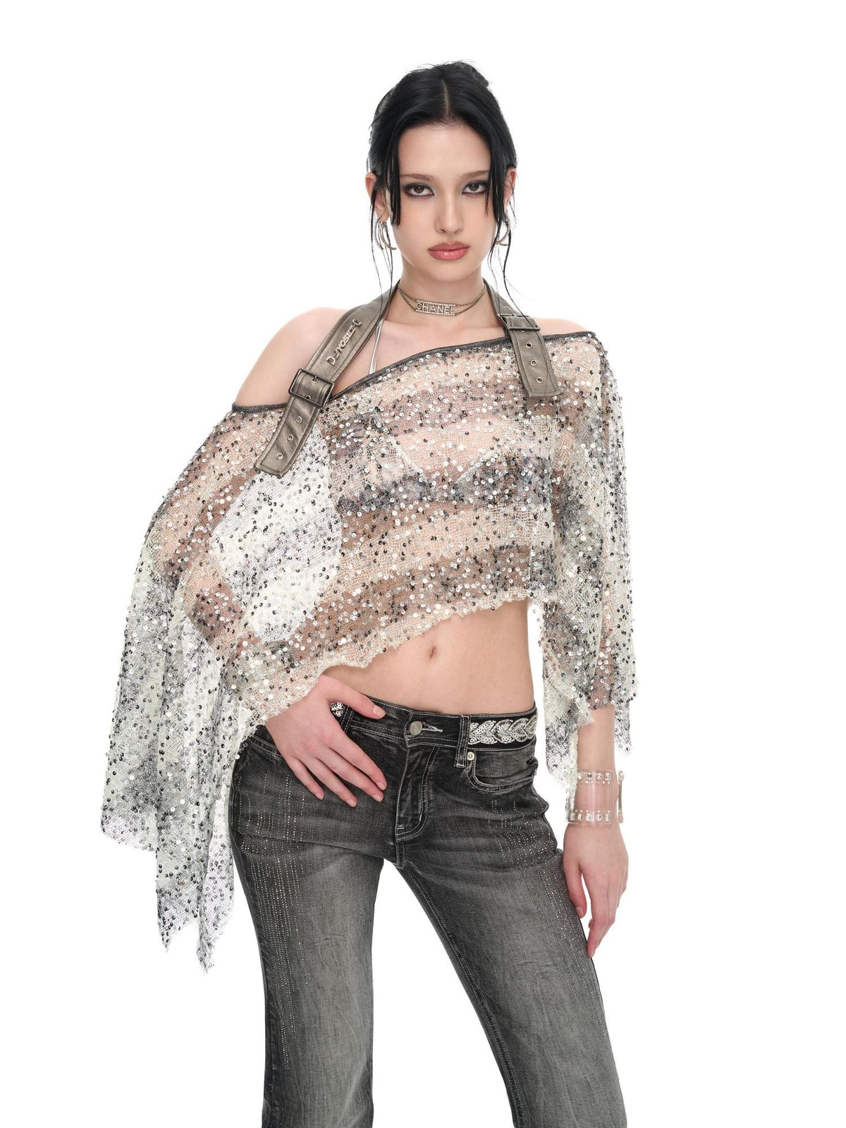 JYOSEI Striped Sequin Asymmetric Sheer Loose Women&