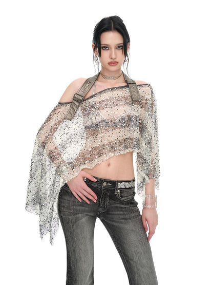 JYOSEI Striped Sequin Asymmetric Sheer Loose Women&