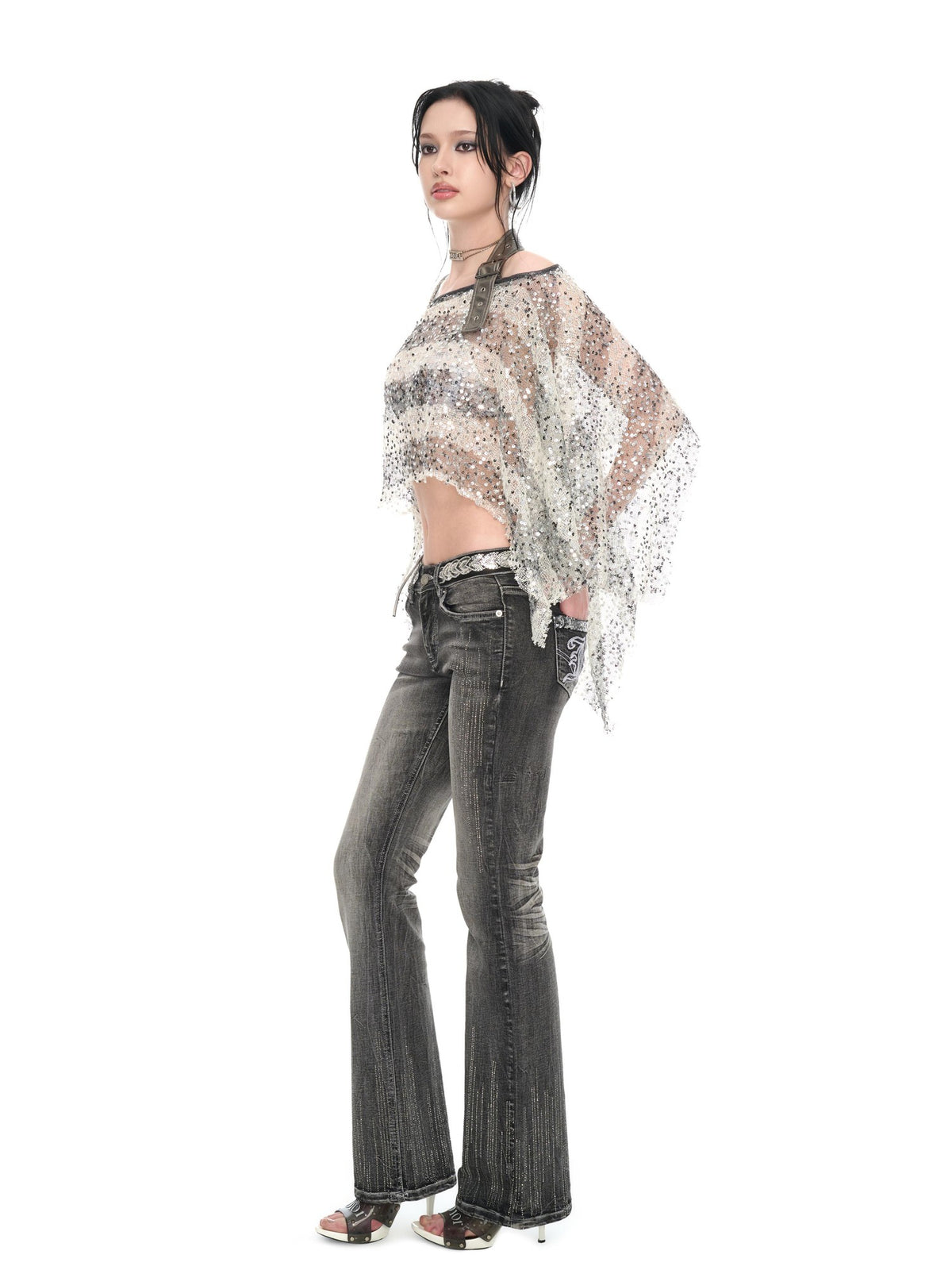 JYOSEI Striped Sequin Asymmetric Sheer Loose Women&