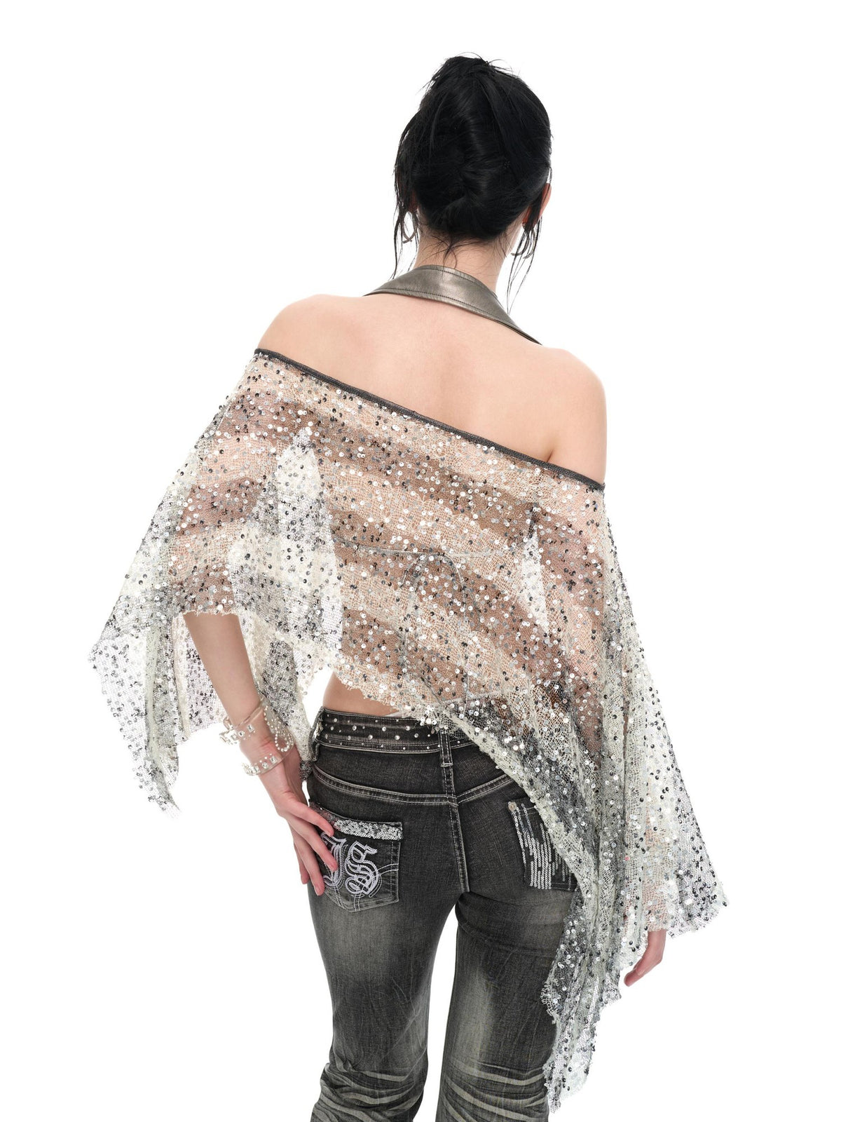 JYOSEI Striped Sequin Asymmetric Sheer Loose Women&