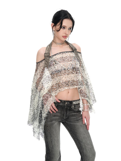 JYOSEI Striped Sequin Asymmetric Sheer Loose Women&