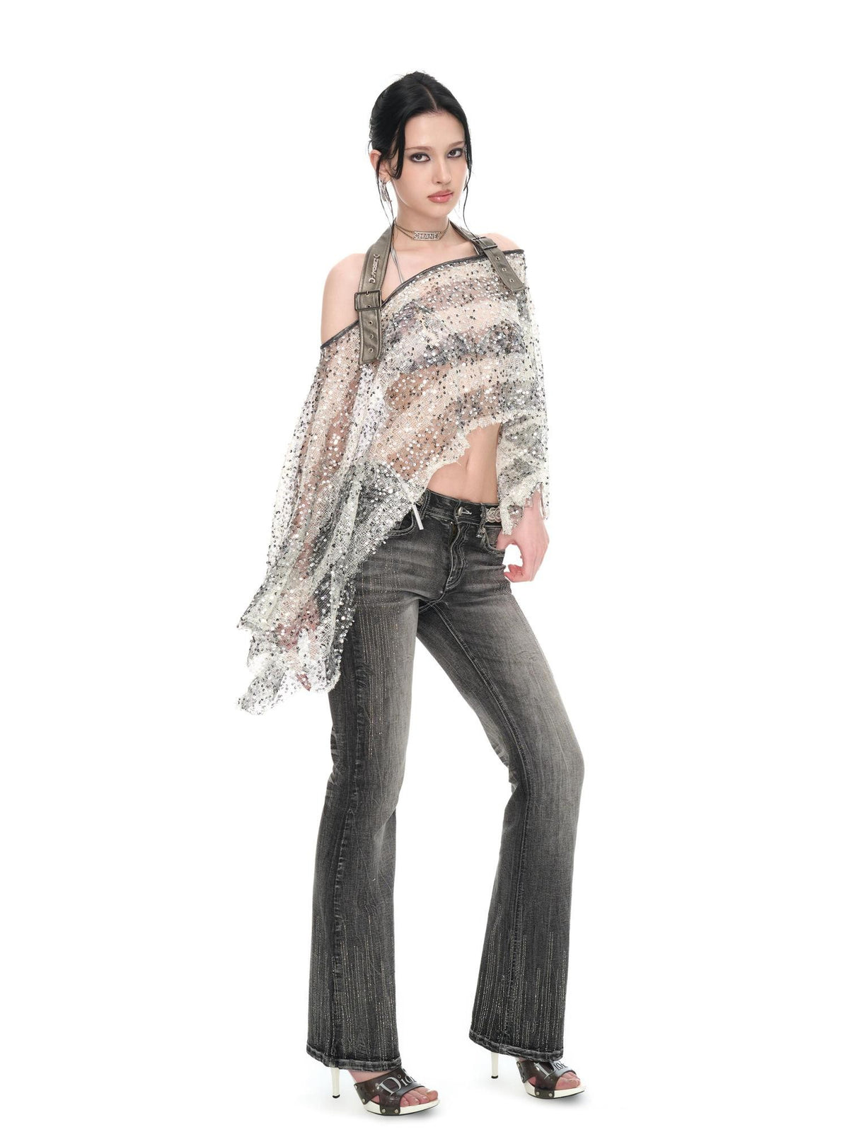 JYOSEI Striped Sequin Asymmetric Sheer Loose Women&