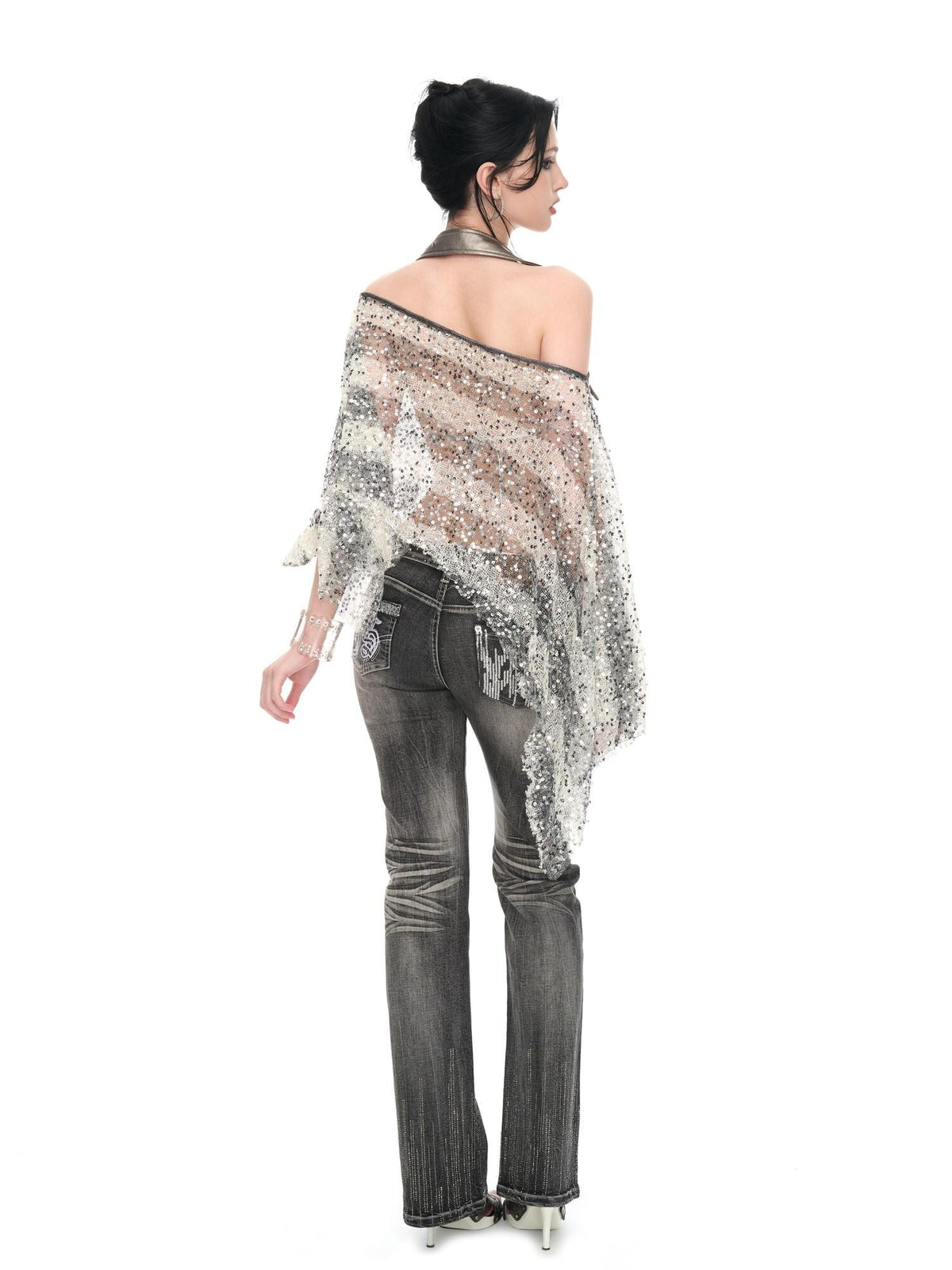 JYOSEI Striped Sequin Asymmetric Sheer Loose Women&