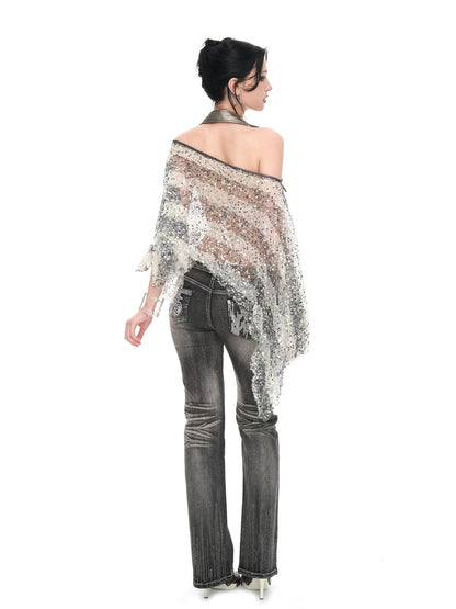 JYOSEI Striped Sequin Asymmetric Sheer Loose Women&