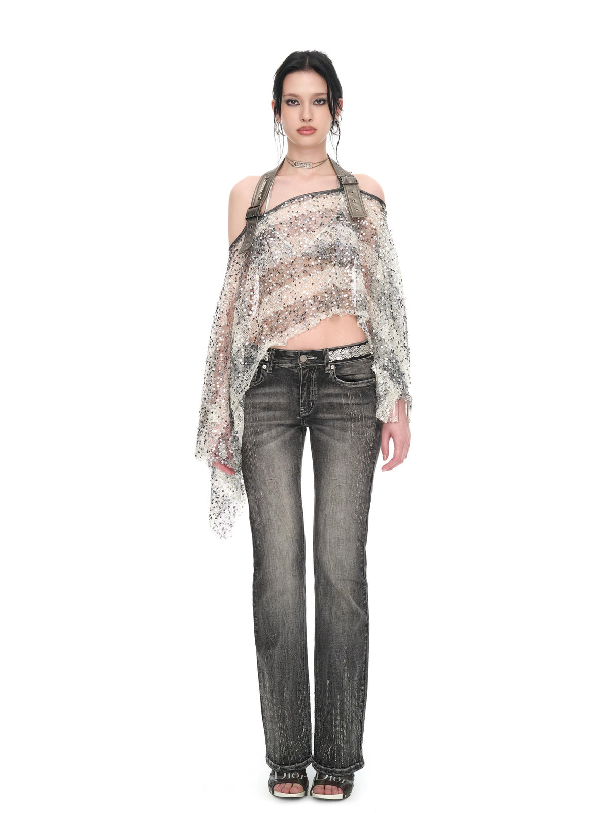 JYOSEI Striped Sequin Asymmetric Sheer Loose Women&