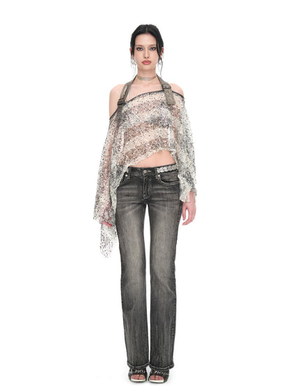 JYOSEI Striped Sequin Asymmetric Sheer Loose Women&