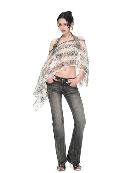 JYOSEI Striped Sequin Asymmetric Sheer Loose Women&