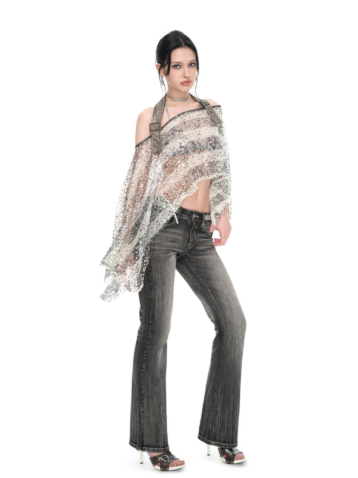 JYOSEI Striped Sequin Asymmetric Sheer Loose Women&