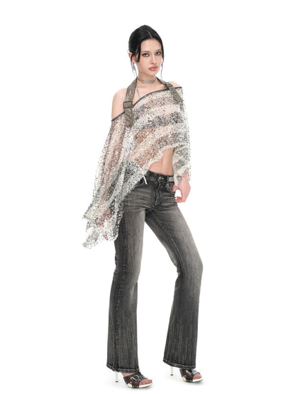 JYOSEI Striped Sequin Asymmetric Sheer Loose Women&