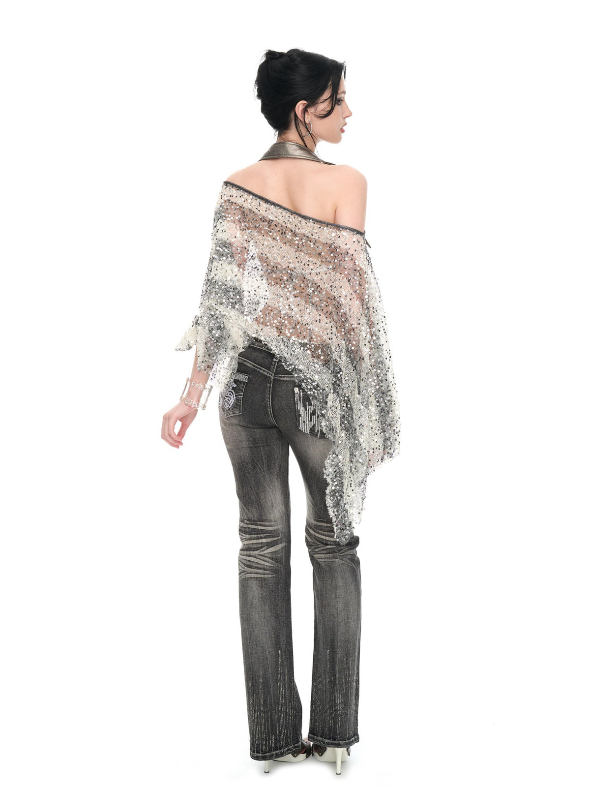 JYOSEI Striped Sequin Asymmetric Sheer Loose Women&
