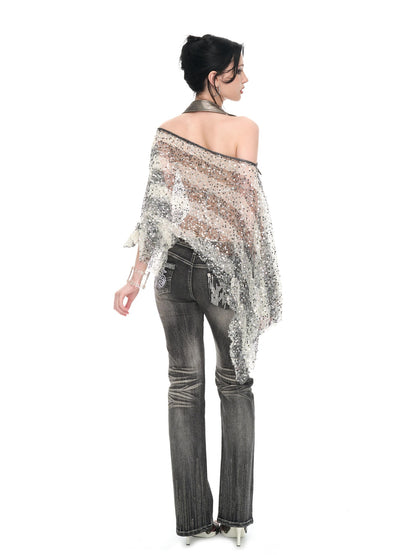 JYOSEI Striped Sequin Asymmetric Sheer Loose Women&
