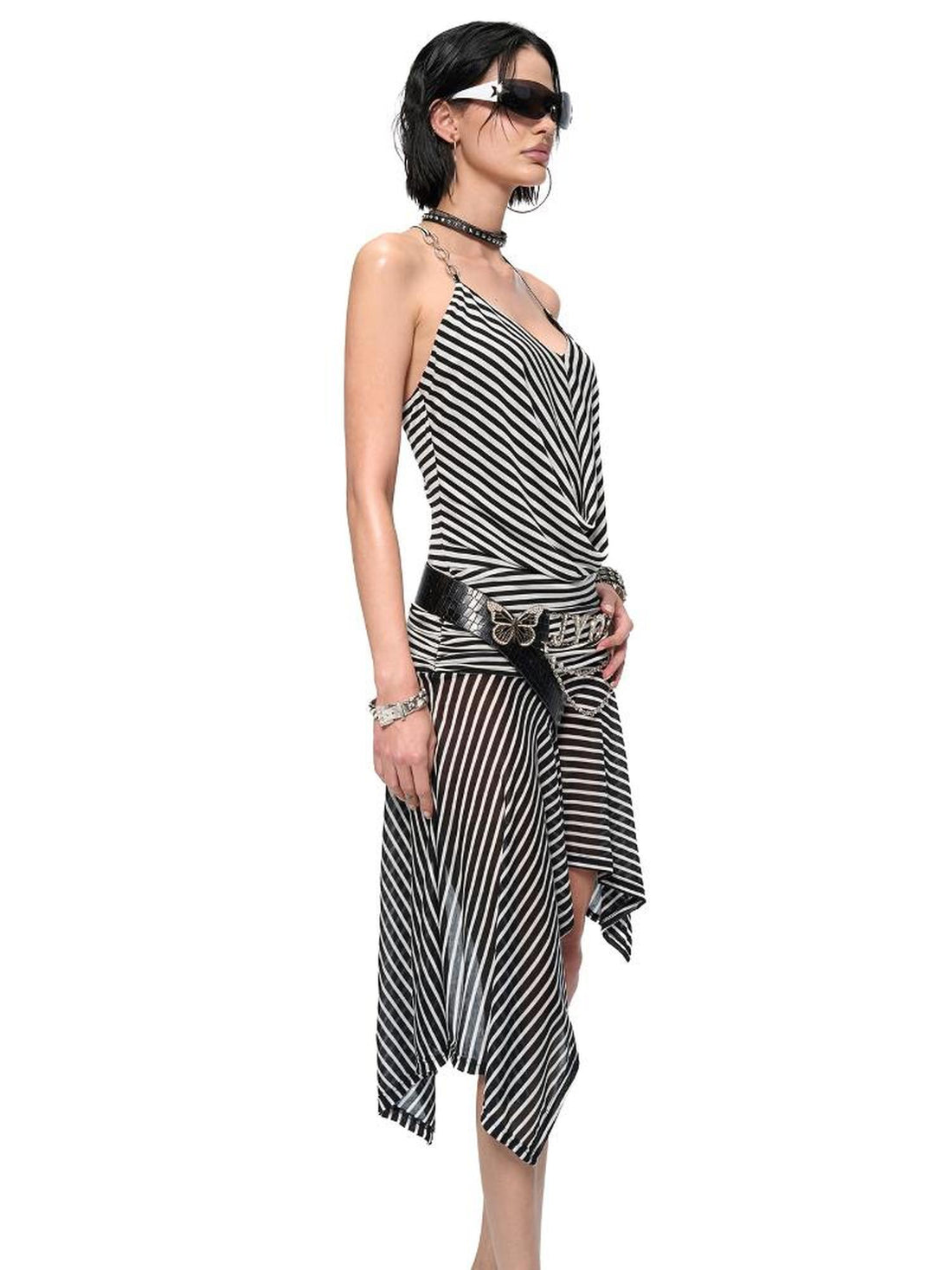 JYOSEI Striped V-Neck Asymmetrical Hem Slip Dress