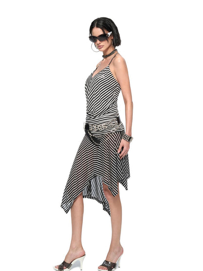 JYOSEI Striped V-Neck Asymmetrical Hem Slip Dress