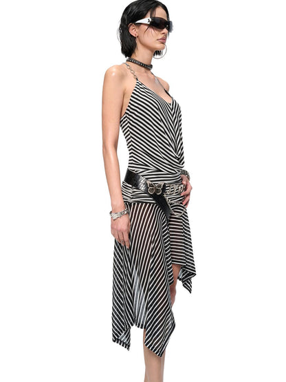 JYOSEI Striped V-Neck Asymmetrical Hem Slip Dress