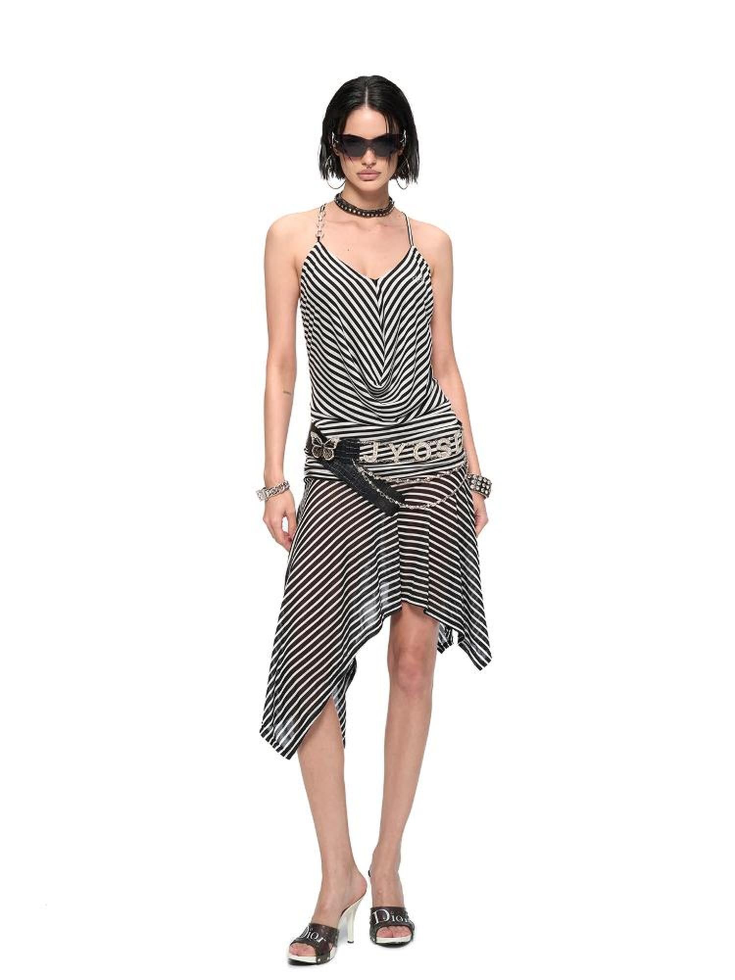 JYOSEI Striped V-Neck Asymmetrical Hem Slip Dress