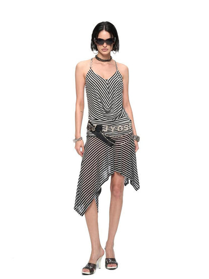 JYOSEI Striped V-Neck Asymmetrical Hem Slip Dress