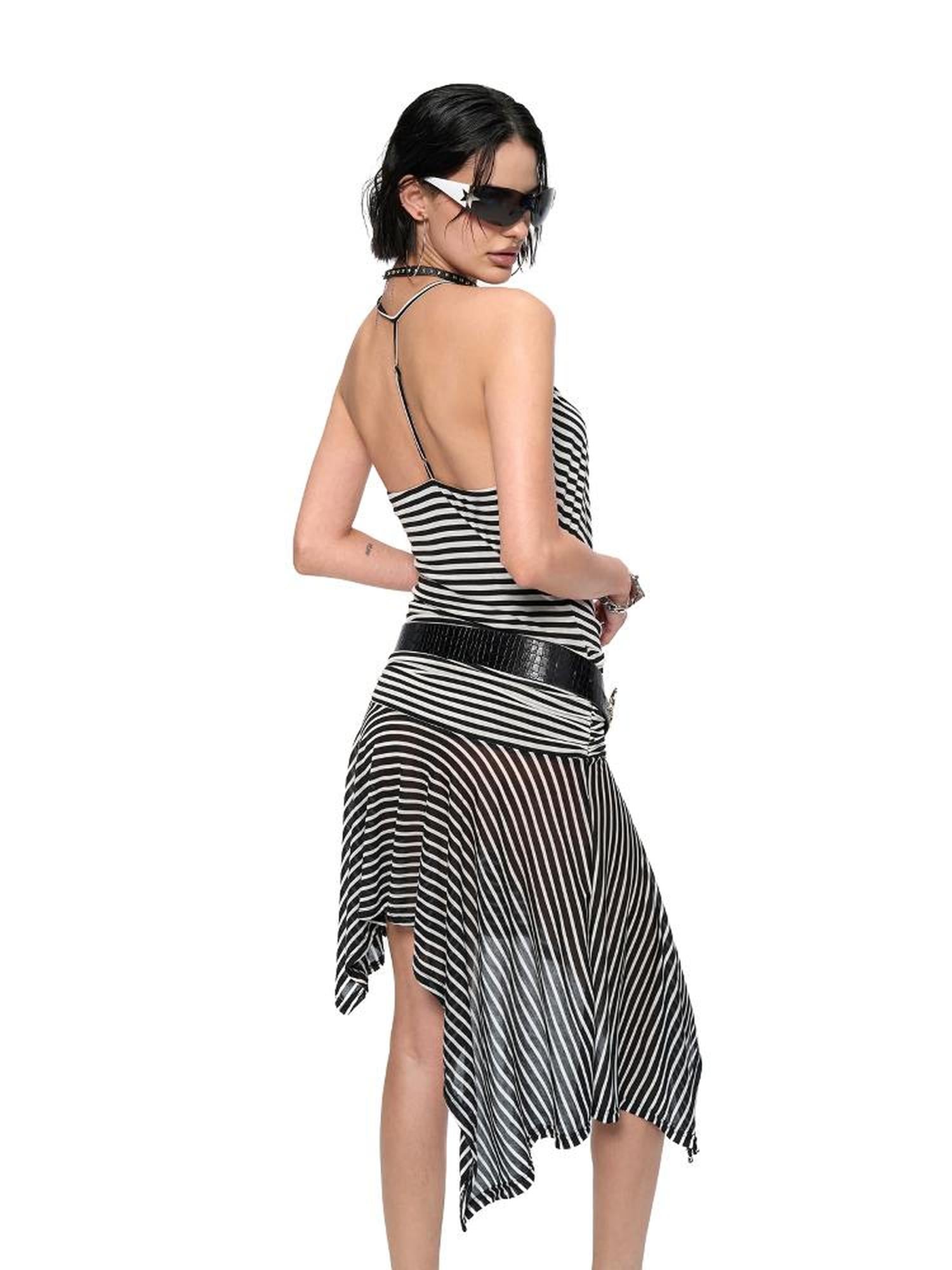 JYOSEI Striped V-Neck Asymmetrical Hem Slip Dress