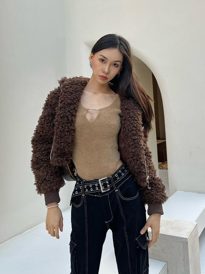 JYOSEI Teddy Fleece Short Puffer Jacket With Ribbed Cuffs