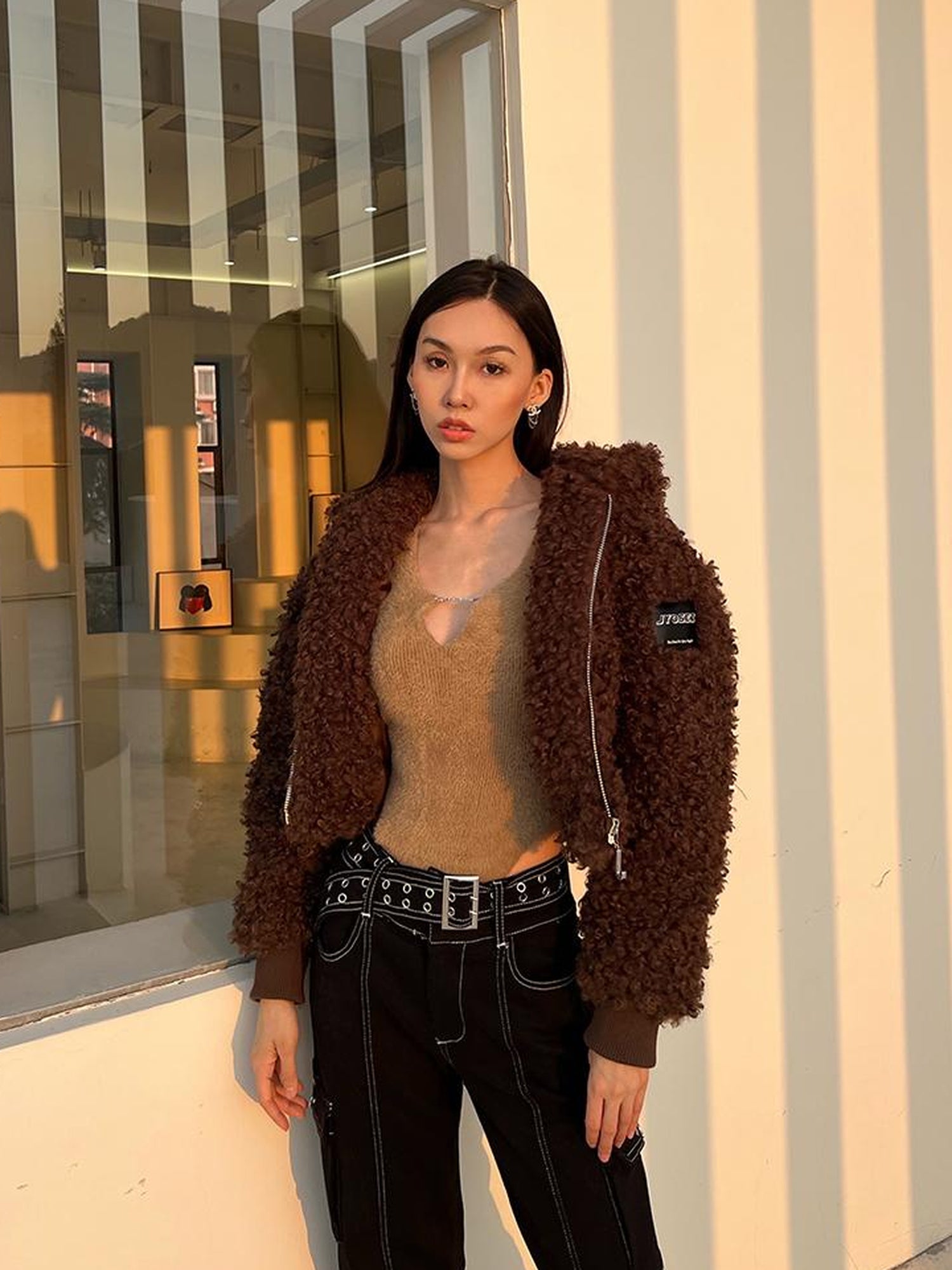 JYOSEI Teddy Fleece Short Puffer Jacket With Ribbed Cuffs