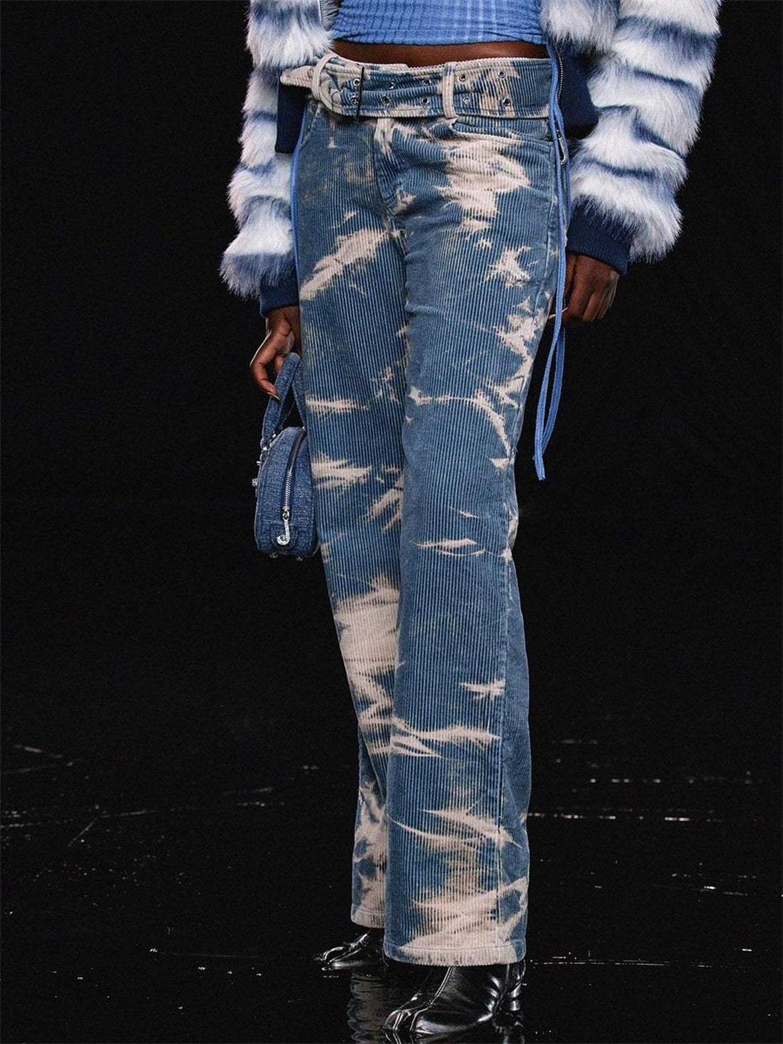 JYOSEI Tie Dyed Corduroy Straight Leg Pants In Washed Blue White