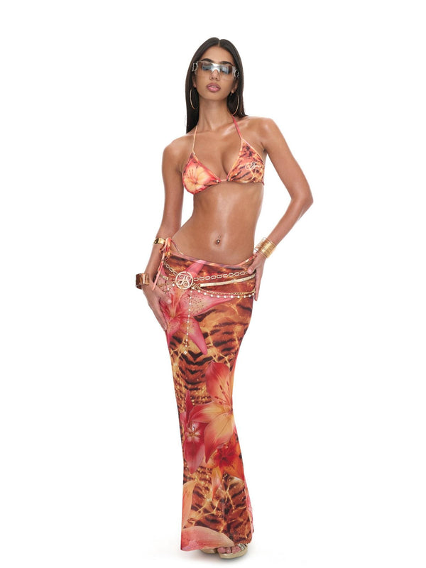 Tiger Stripe Tie Detail Skirt And Scarf Set Women's Polyester Triangle Bikinis