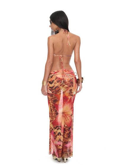 JYOSEI Tiger Stripe Tie Detail Skirt And Scarf Set Women&