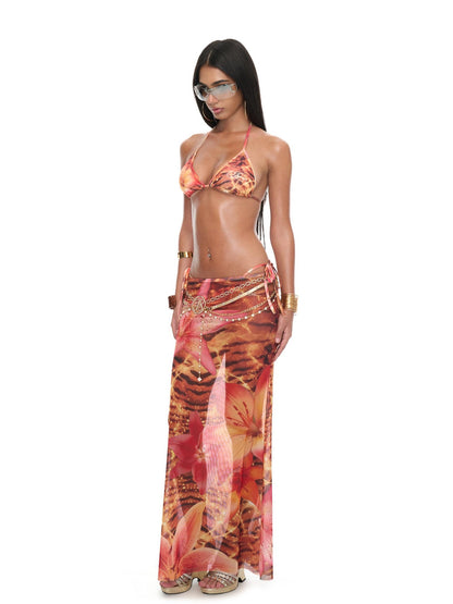 JYOSEI Tiger Stripe Tie Detail Skirt And Scarf Set Women&