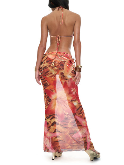 JYOSEI Tiger Stripe Tie Detail Skirt And Scarf Set Women&