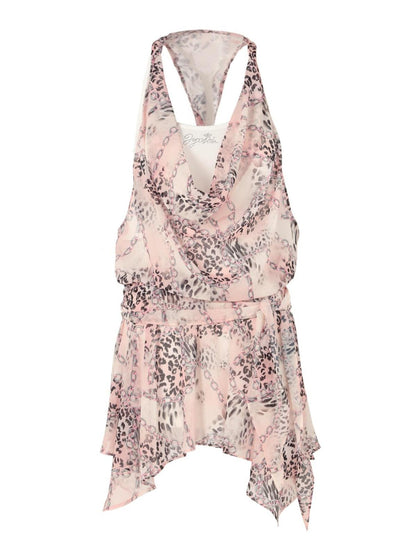 JYOSEI V-neck Vacation Style Leopard Print Chiffon Dress With Tie Front
