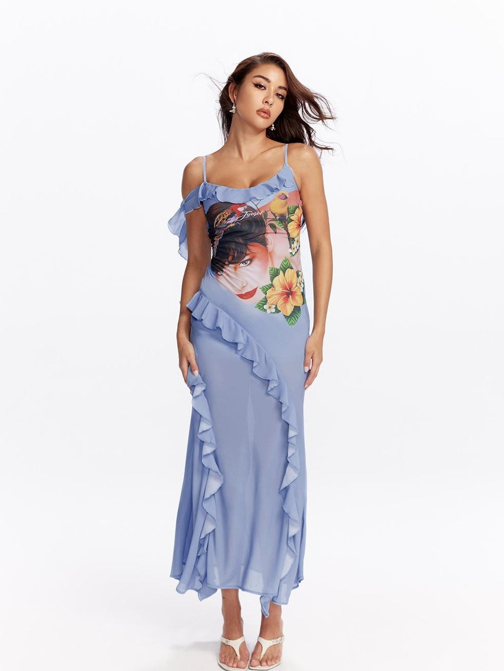 JYOSEI Vacation Floral Print Ruffle Chiffon Women&