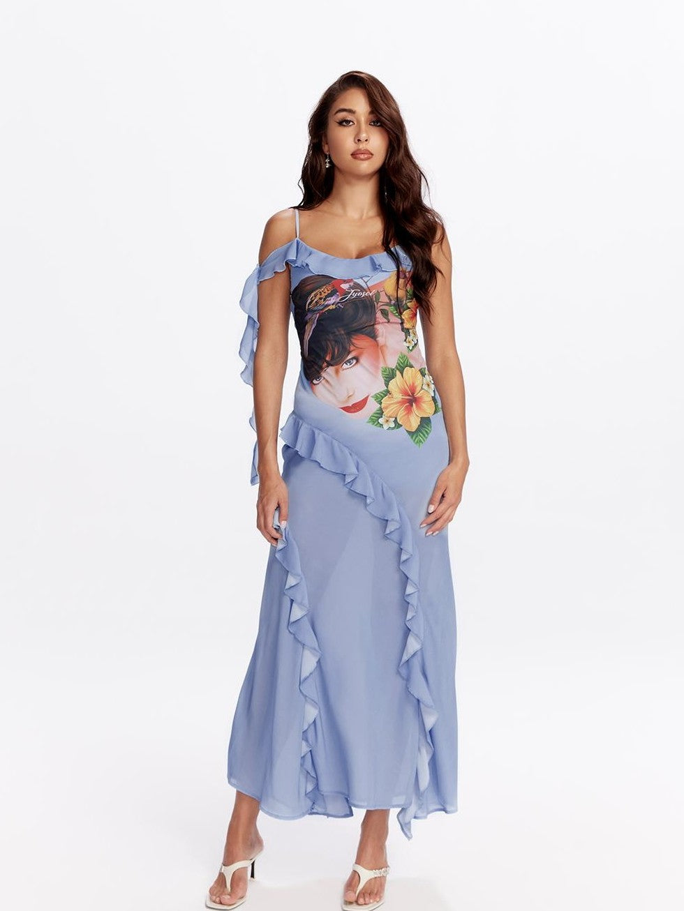 JYOSEI Vacation Floral Print Ruffle Chiffon Women&