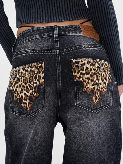 JYOSEI Vintage Black Grey Washed Wide Leg Low Rise Jeans with Leopard Print and Rhinestones