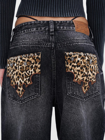 JYOSEI Vintage Black Grey Washed Wide Leg Low Rise Jeans with Leopard Print and Rhinestones