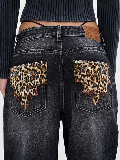 JYOSEI Vintage Black Grey Washed Wide Leg Low Rise Jeans with Leopard Print and Rhinestones