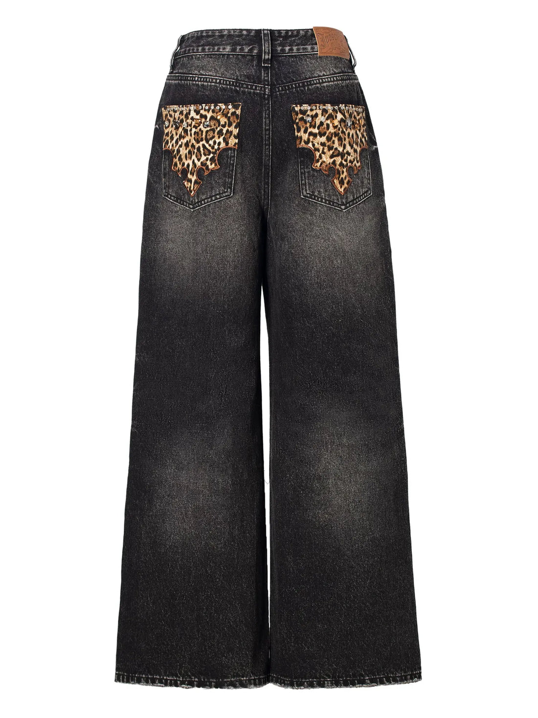 Vintage Black Grey Washed Wide Leg Low Rise Jeans with Leopard Print and Rhinestones