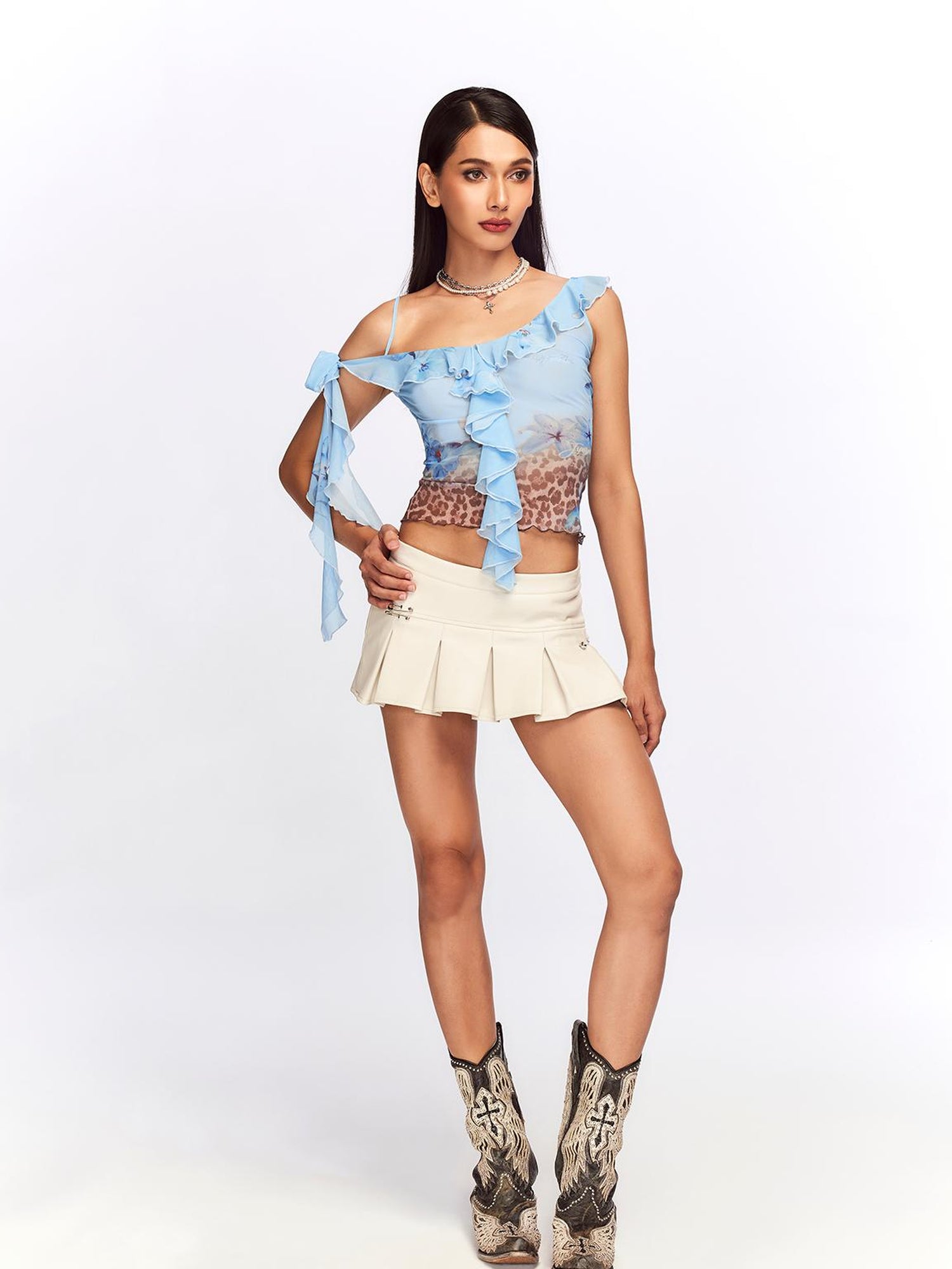 JYOSEI Vintage Blue Leopard Mesh Top With Ruffle Hem