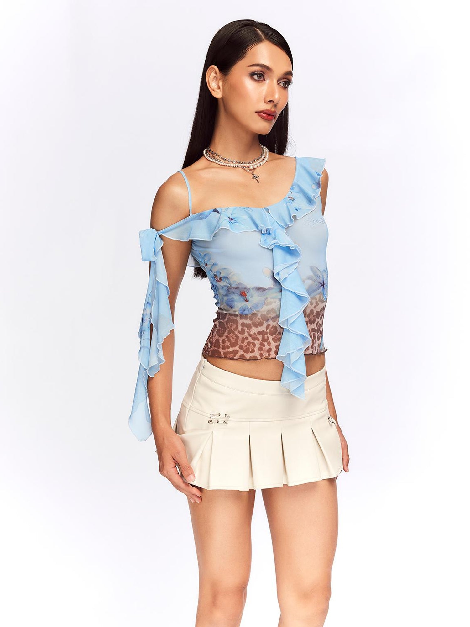 JYOSEI Vintage Blue Leopard Mesh Top With Ruffle Hem