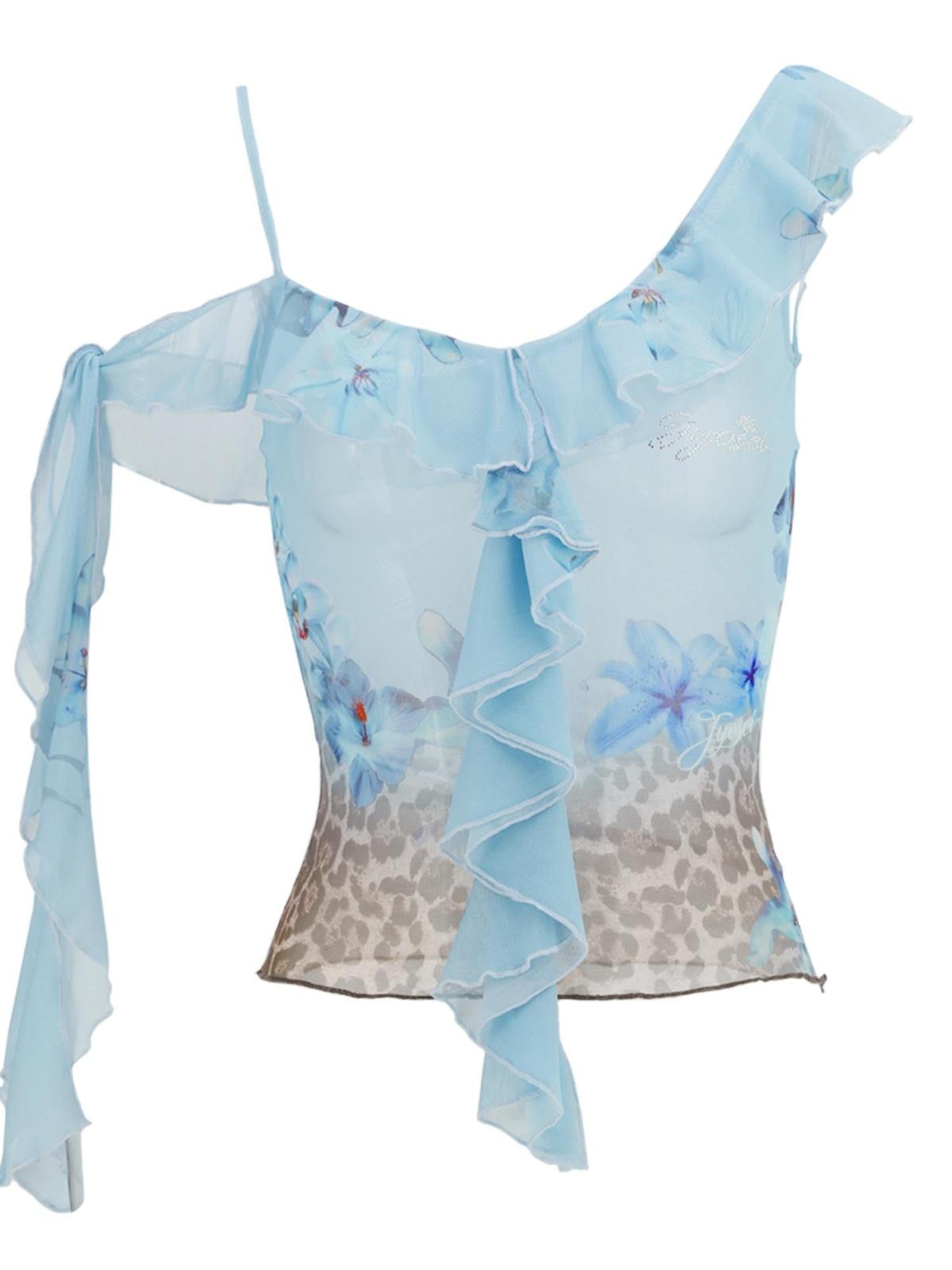 JYOSEI Vintage Blue Leopard Mesh Top With Ruffle Hem