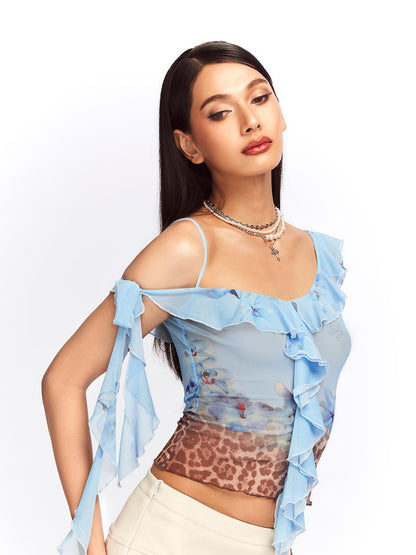 JYOSEI Vintage Blue Leopard Mesh Top With Ruffle Hem