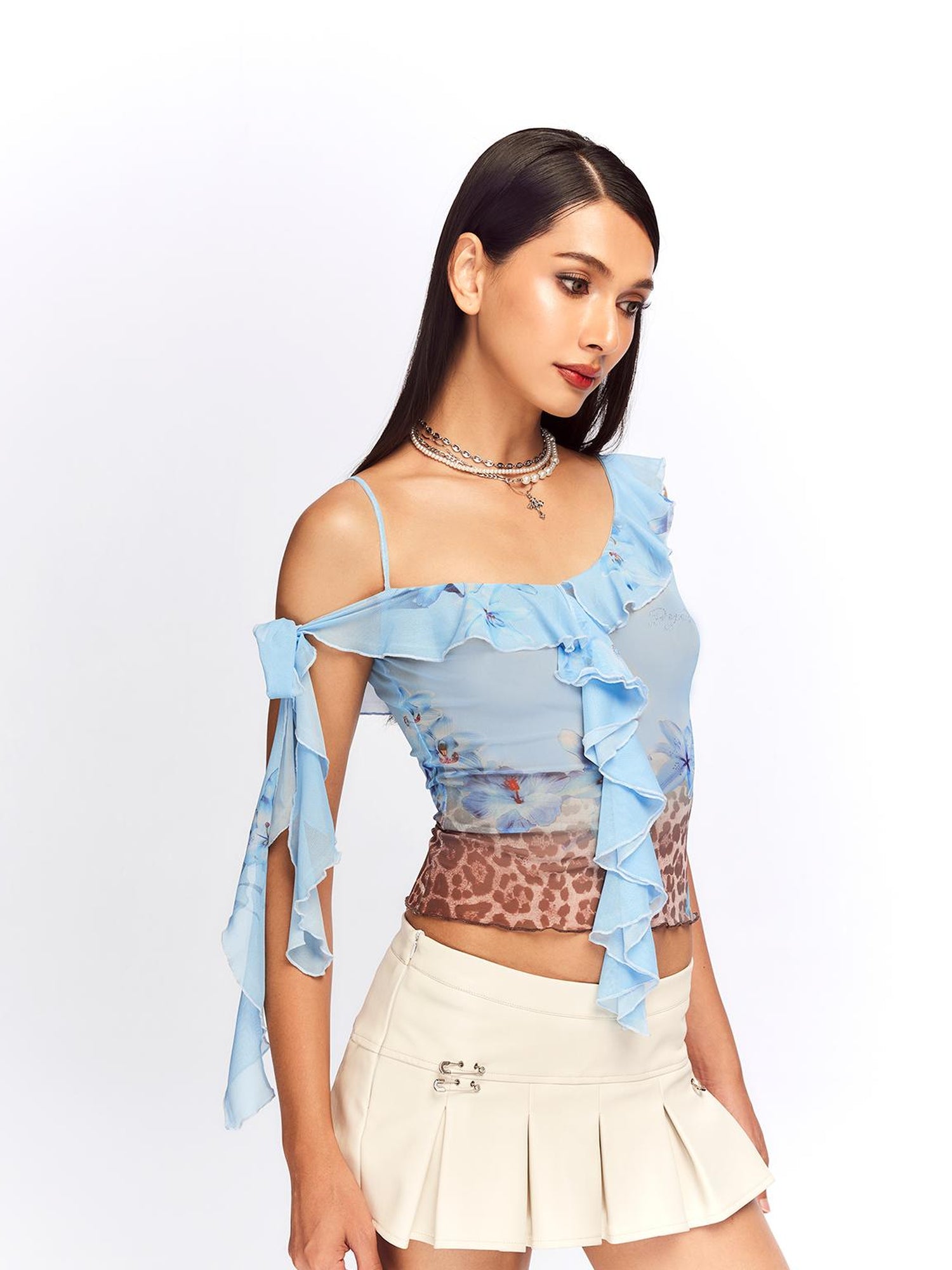 JYOSEI Vintage Blue Leopard Mesh Top With Ruffle Hem