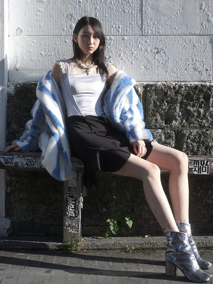 JYOSEI Vintage Blue White Stripe Faux Mink Long Coat