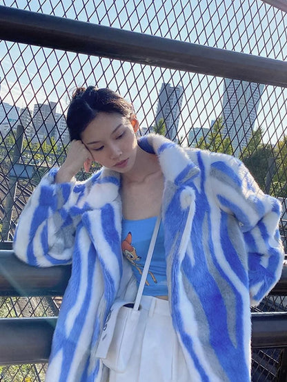 Vintage Blue White Stripe Faux Mink Long Coat
