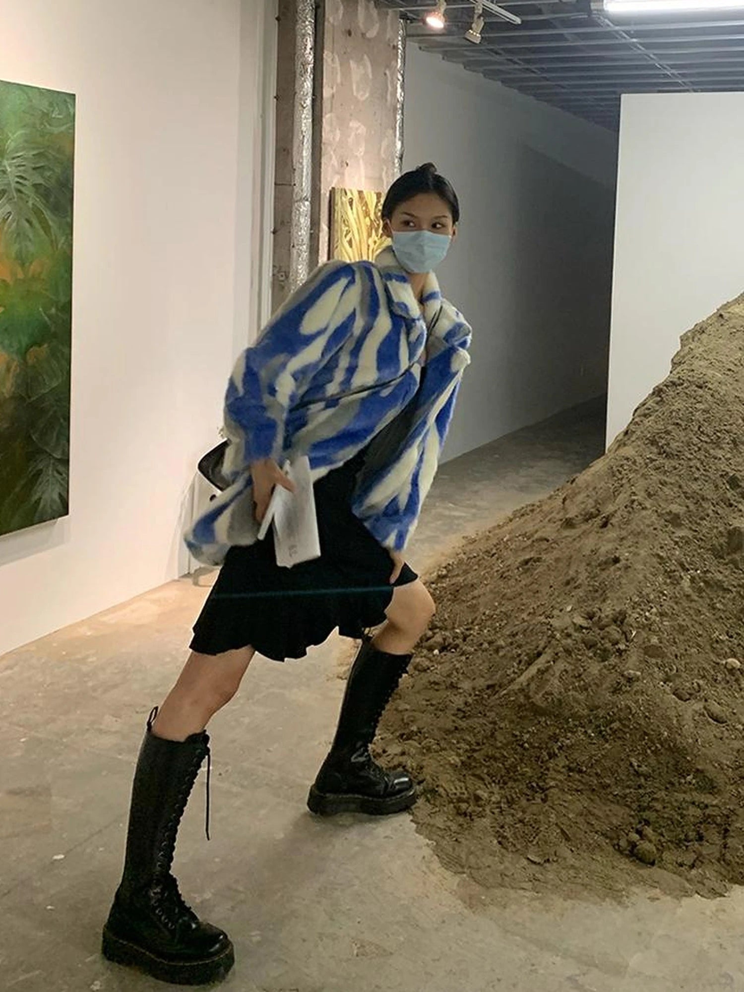 Vintage Blue White Stripe Faux Mink Long Coat