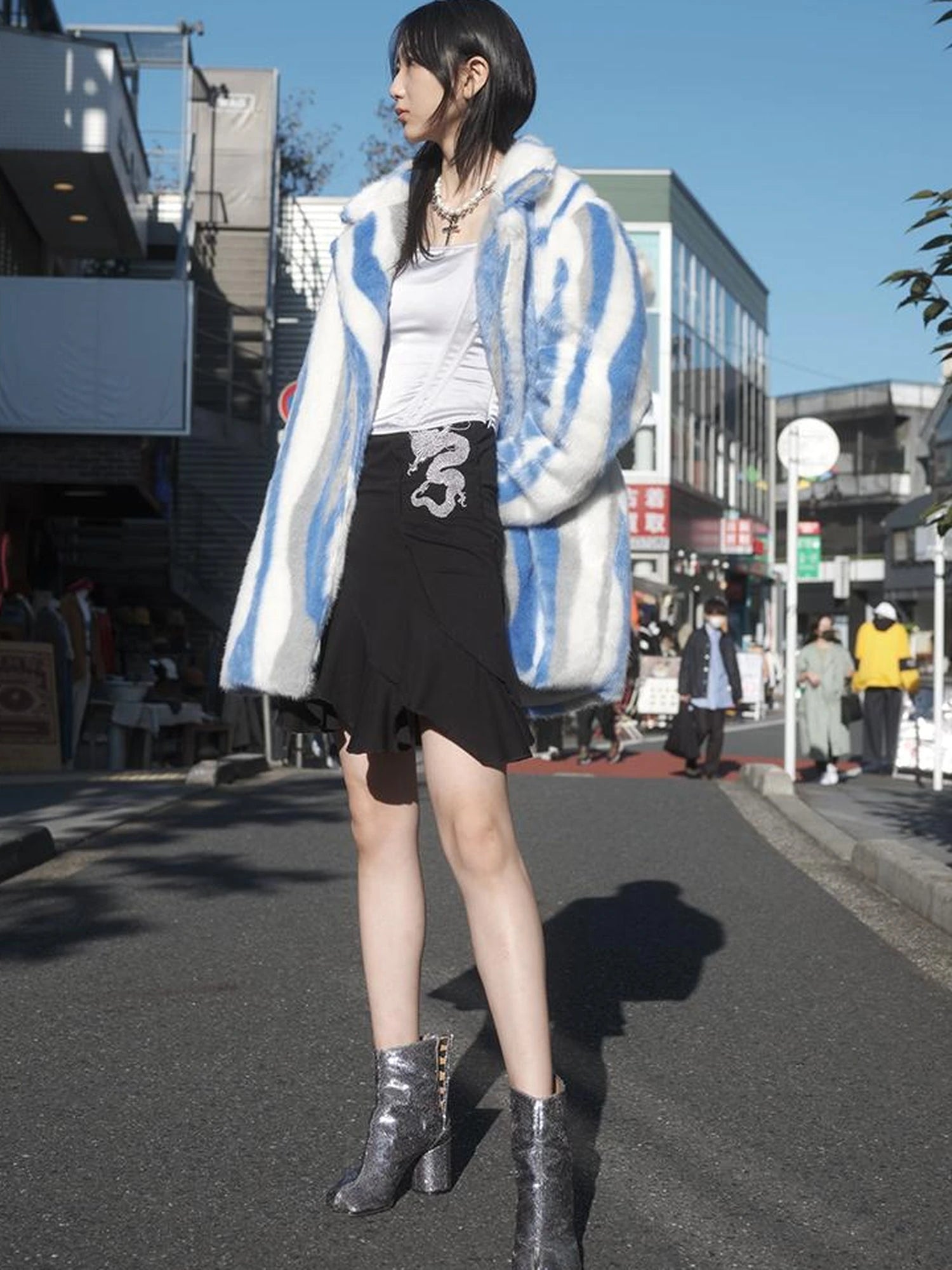 Vintage Blue White Stripe Faux Mink Long Coat