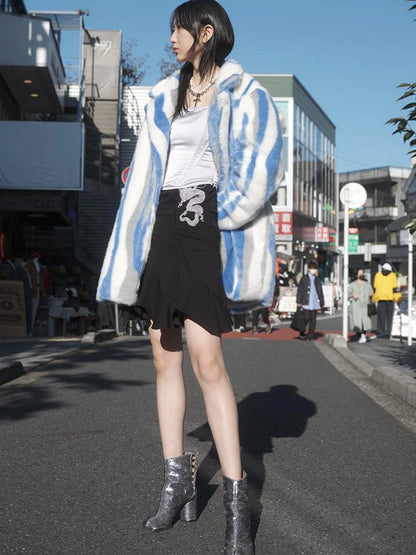Vintage Blue White Stripe Faux Mink Long Coat