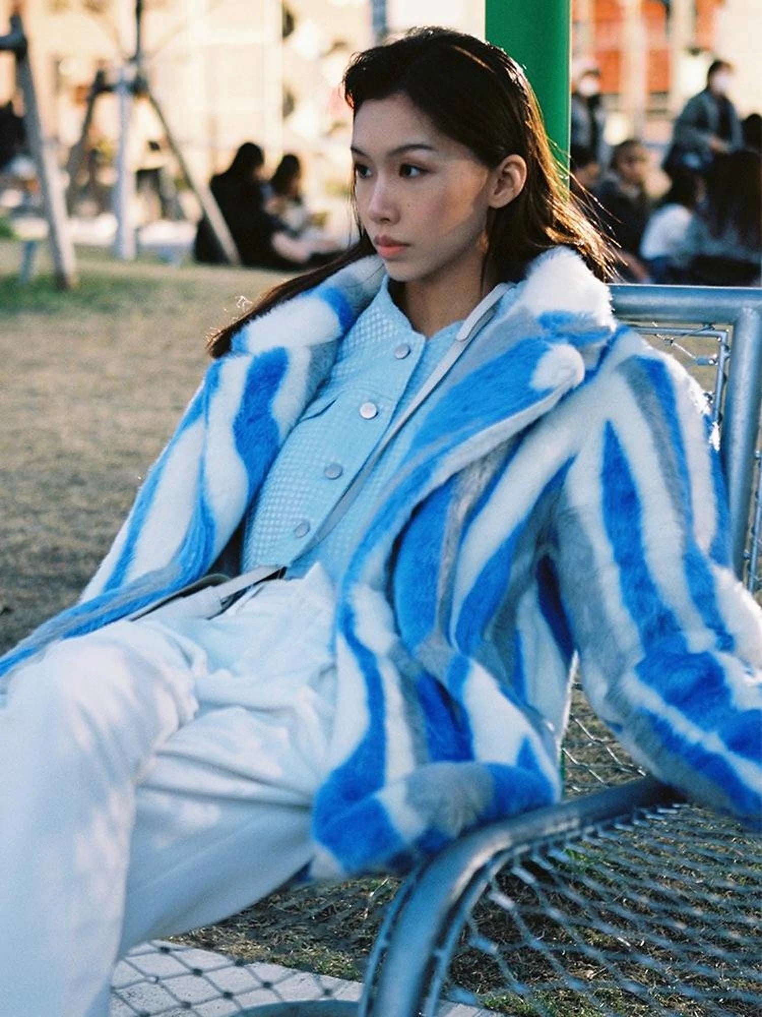 Vintage Blue White Stripe Faux Mink Long Coat