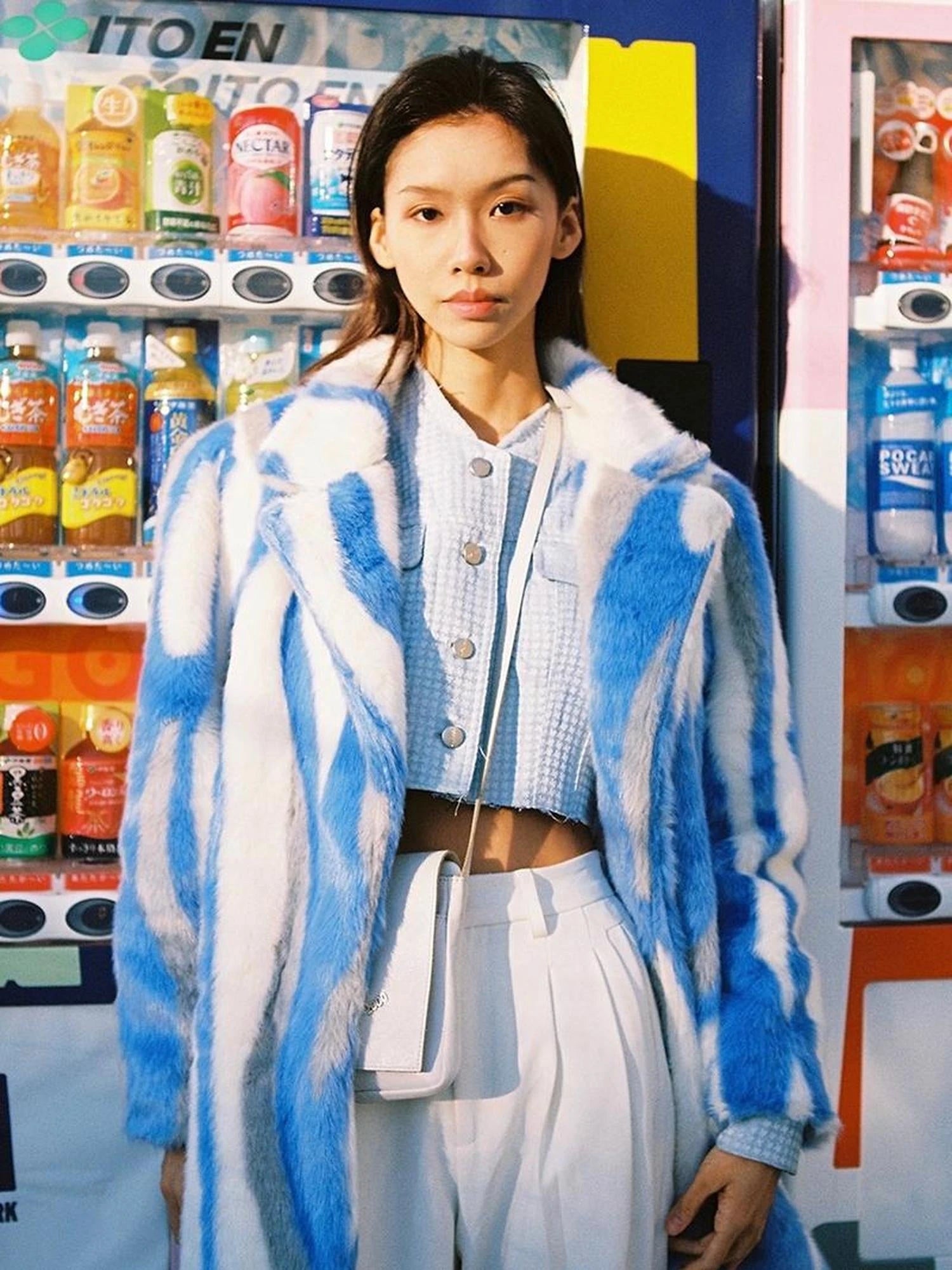 Vintage Blue White Stripe Faux Mink Long Coat