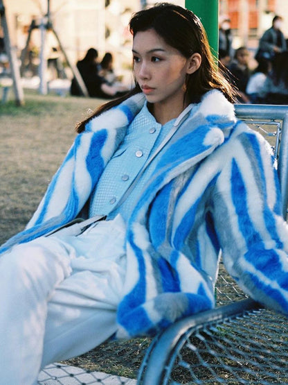 Vintage Blue White Stripe Faux Mink Long Coat