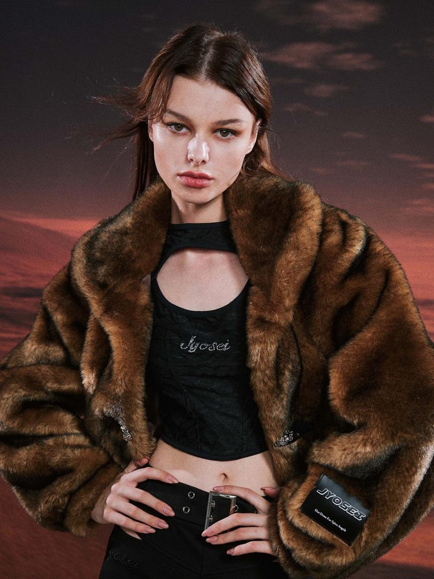 JYOSEI Vintage Brown Black Faux Fur Cropped Jacket